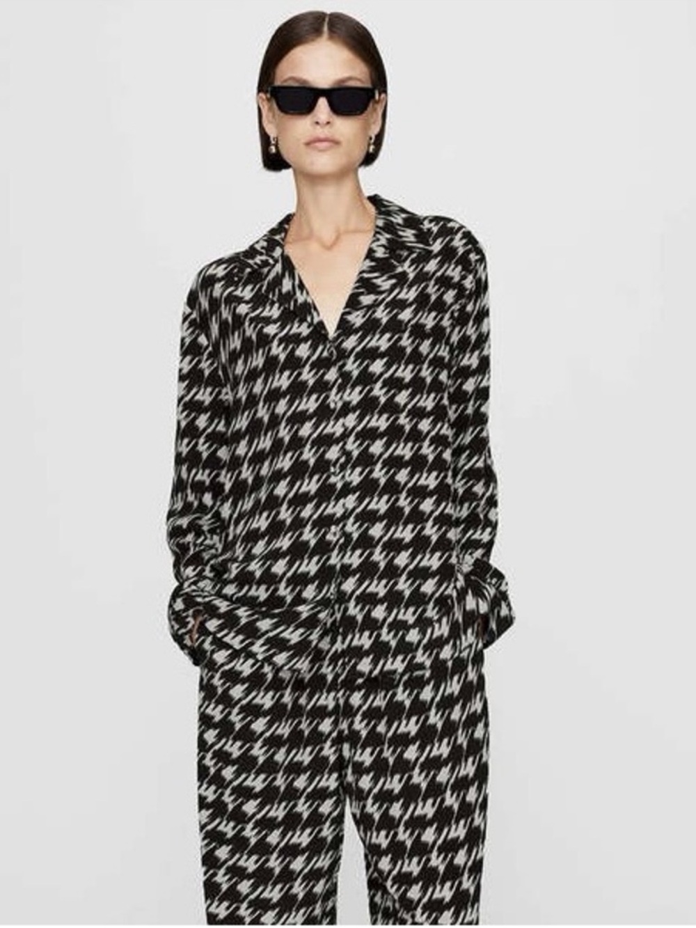 Anine Bing Aiden Black & White Houndstooth Button-Down Shirt